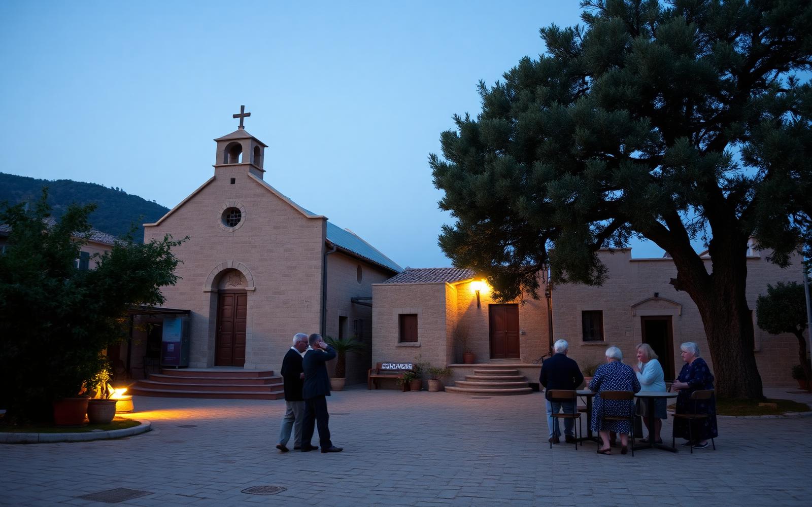 Stone village square in Greece at dusk with a small church, a large plane tree and locals talking under warm lamplight