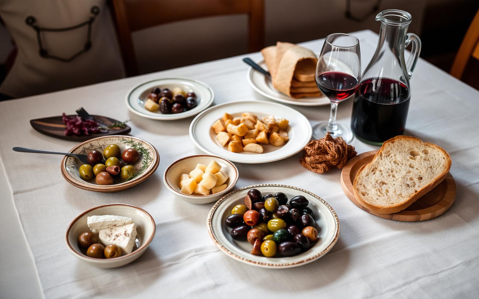 Rustic taverna table with small plates of olives, feta, bread and a carafe of red wine on a white linen cloth